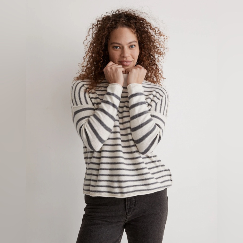 MADEWELL Stripe-Play Mockneck Pullover Merino Wool Blend Sweater